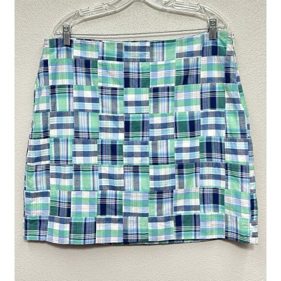 Talbots Dresses & Skirts - Talbots Madras Plaid Patchwork Mini Skirt Size 16P Petite Preppy Blue Golf NWT